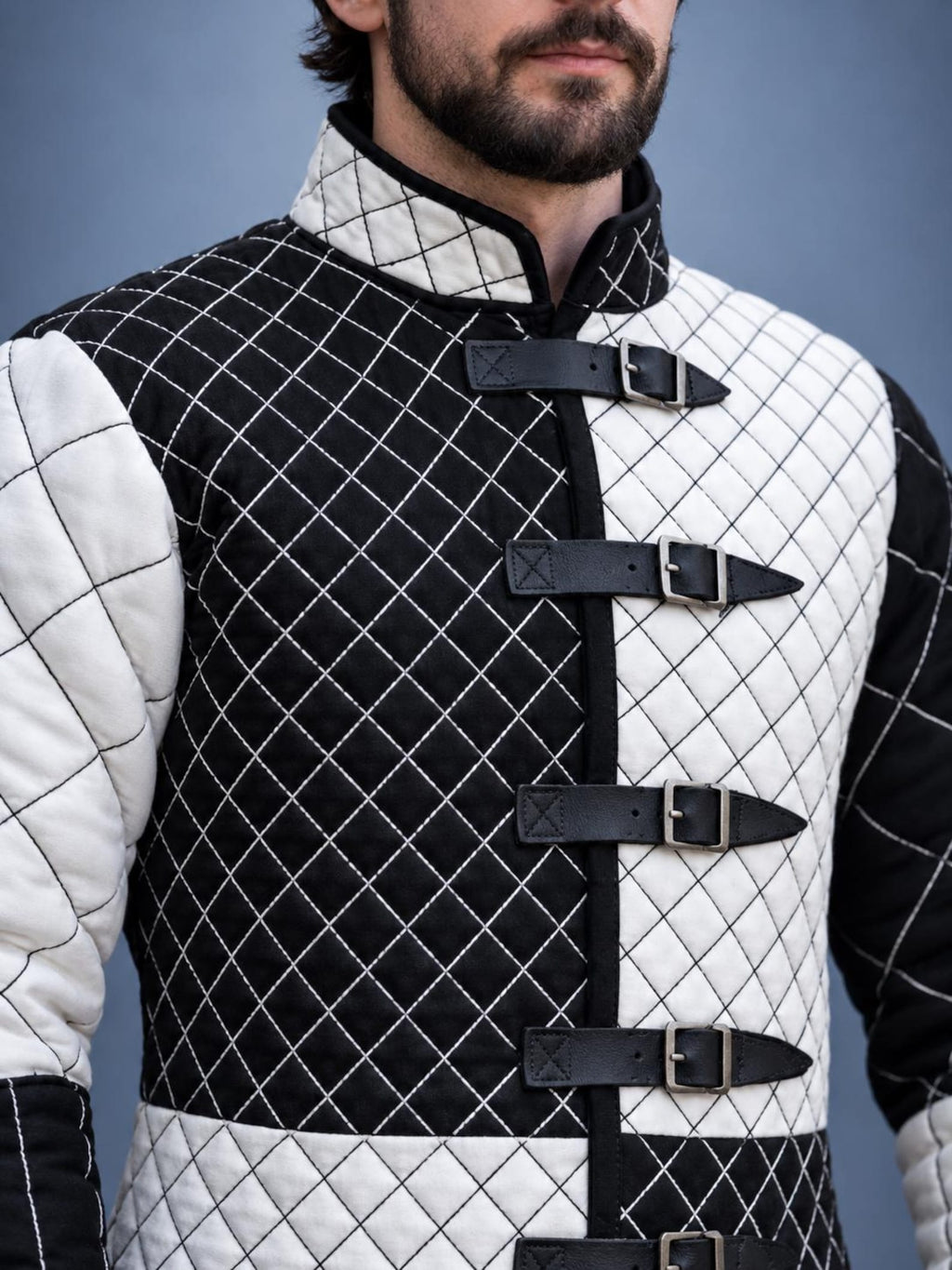 Men's Black White Quilted Gambeson Jacket, Medieval LARP Costume, Renaissance Warrior Outfit