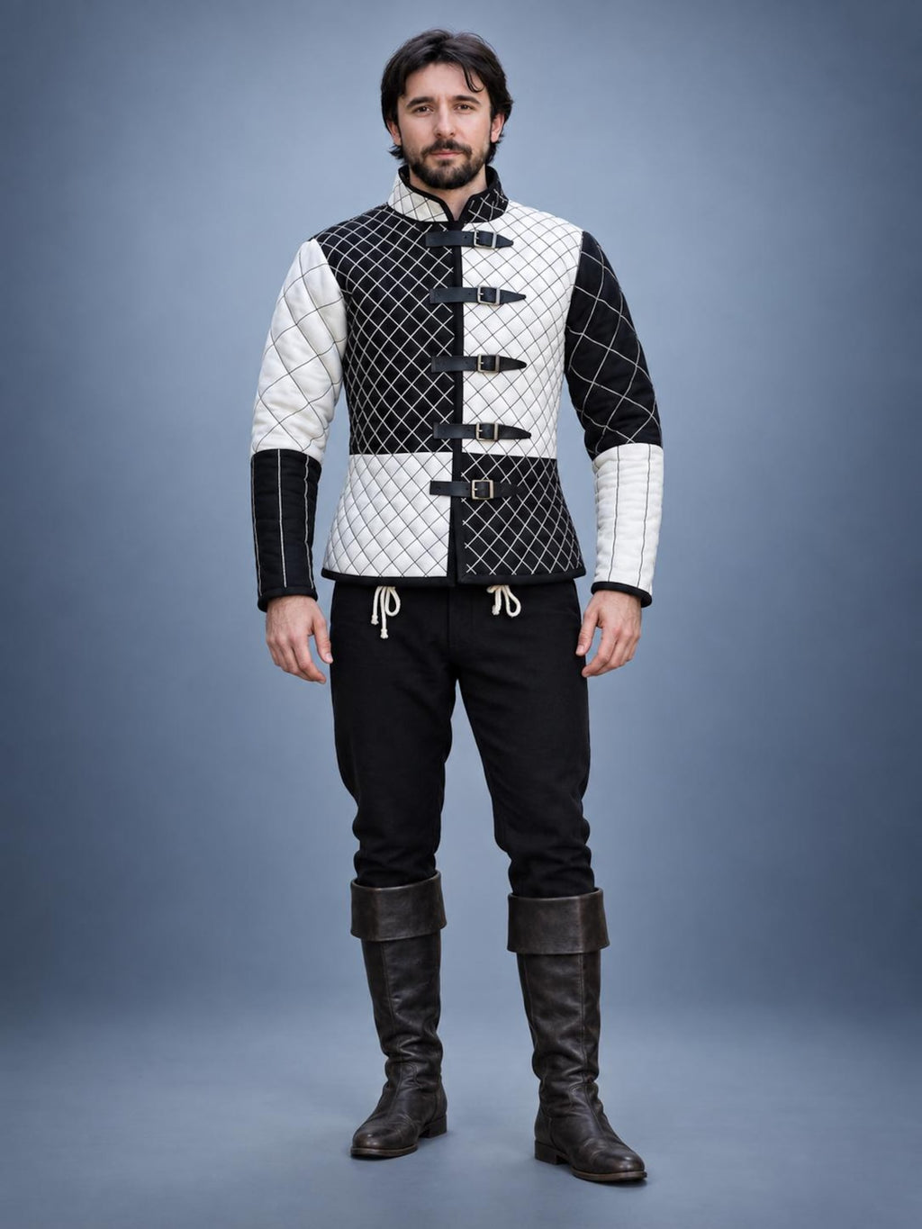 Men's Black White Quilted Gambeson Jacket, Medieval LARP Costume, Renaissance Warrior Outfit