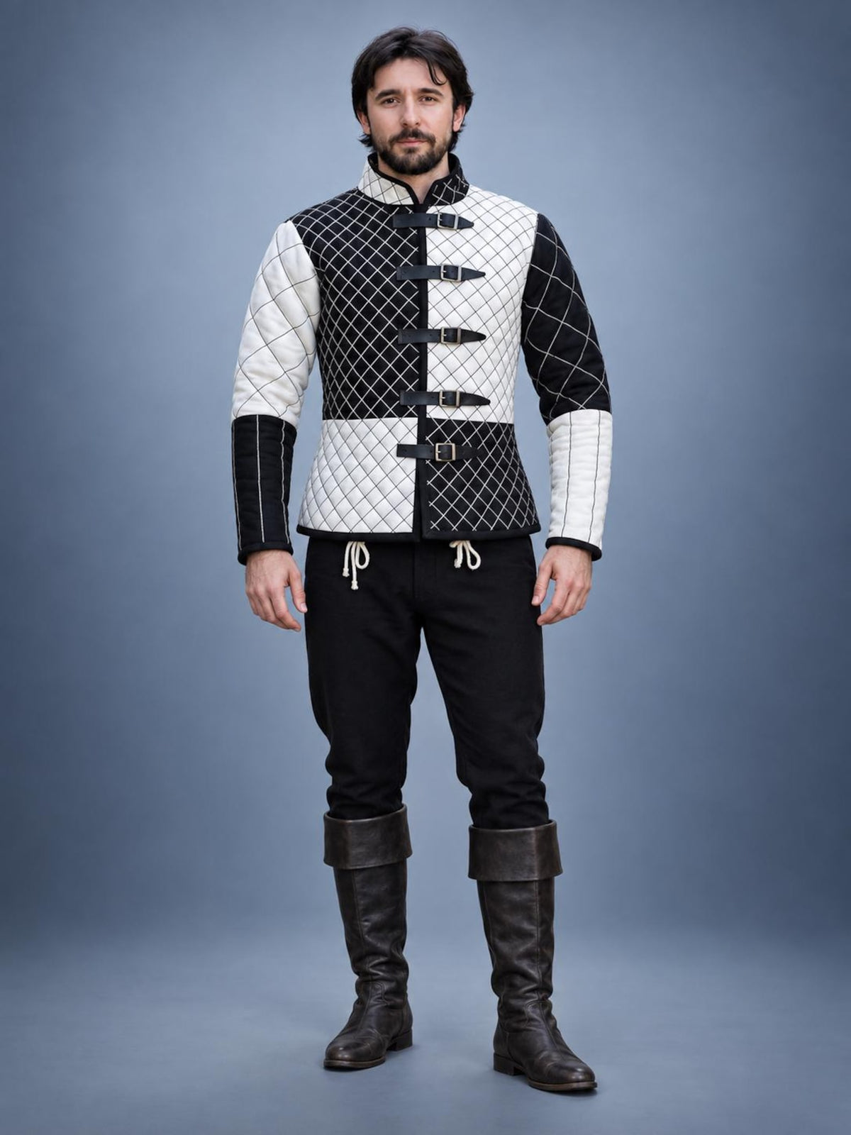 Men's Black White Quilted Gambeson Jacket, Medieval LARP Costume, Renaissance Warrior Outfit