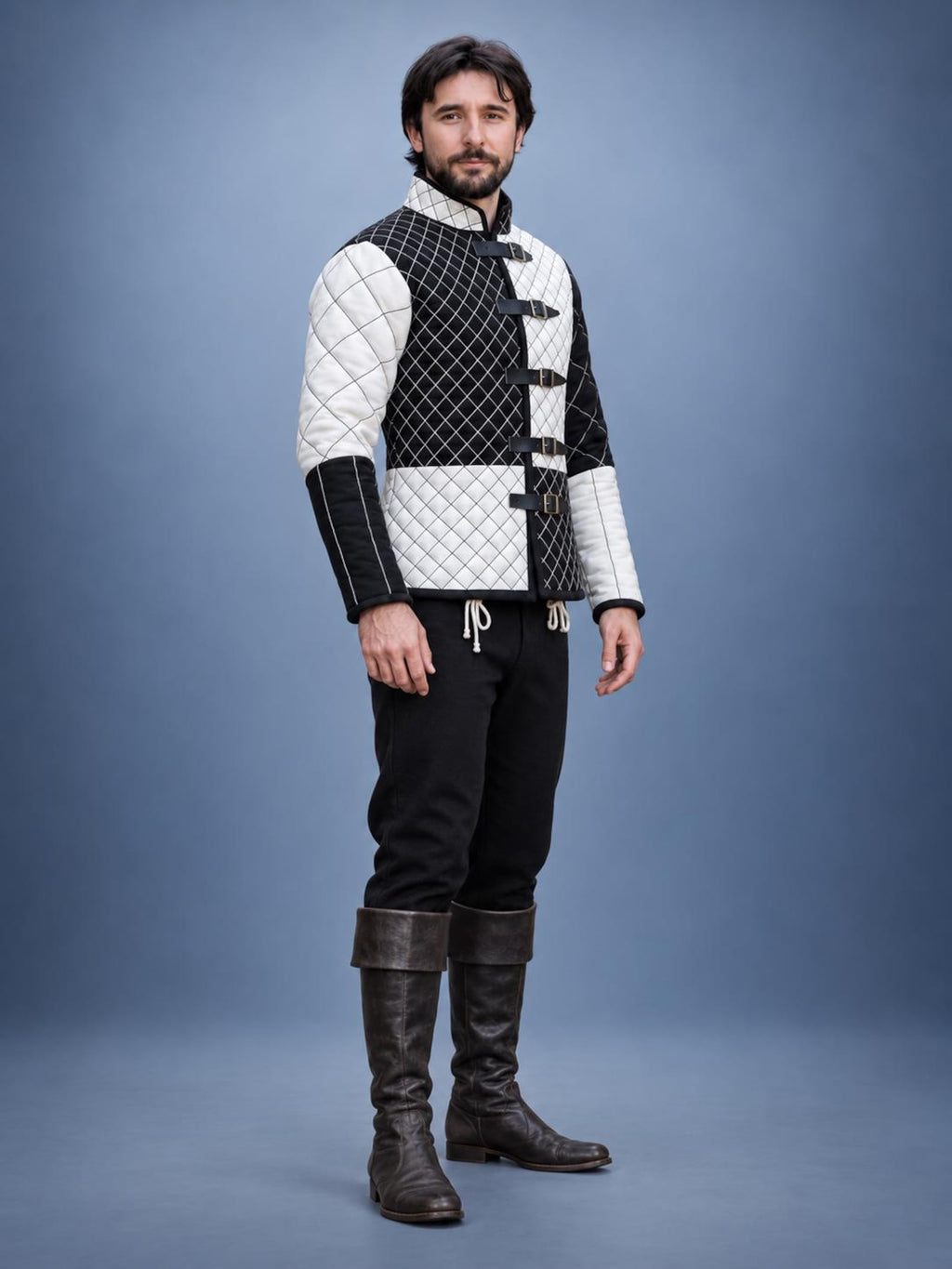 Men's Black White Quilted Gambeson Jacket, Medieval LARP Costume, Renaissance Warrior Outfit