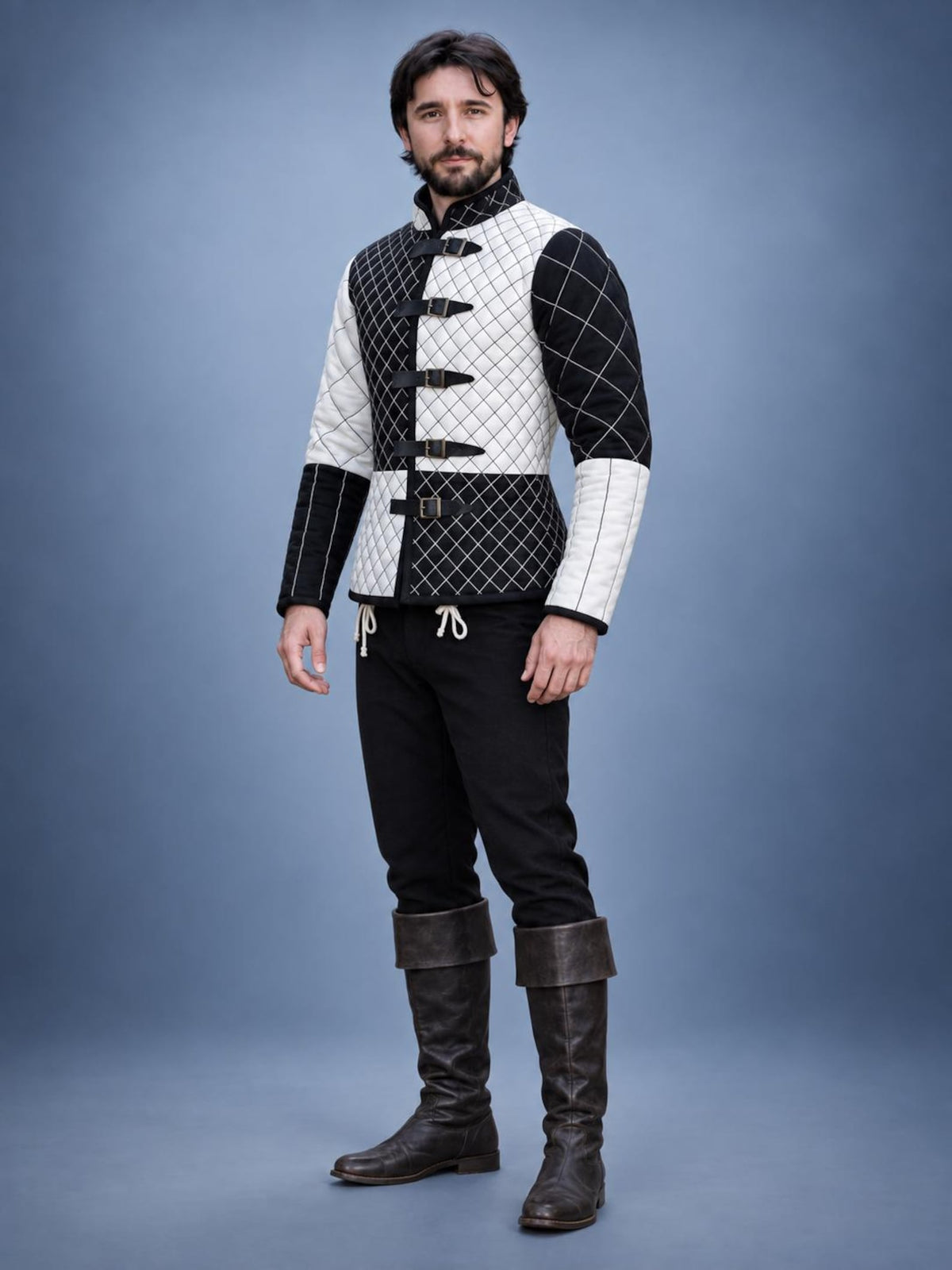 Men's Black White Quilted Gambeson Jacket, Medieval LARP Costume, Renaissance Warrior Outfit