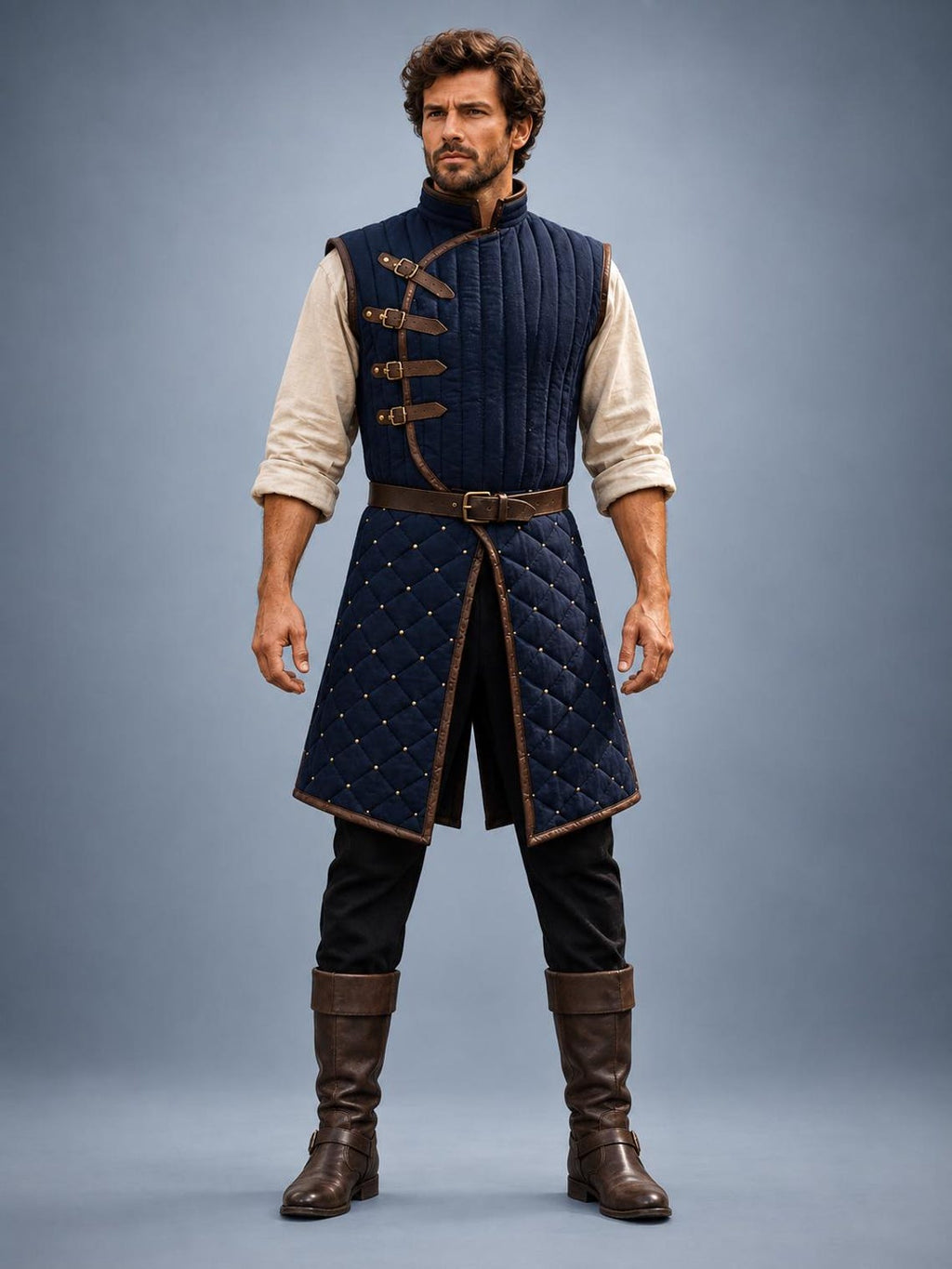 Men's Navy Quilted Gambeson, Medieval Warrior Tunic, LARP Reenactment Costume