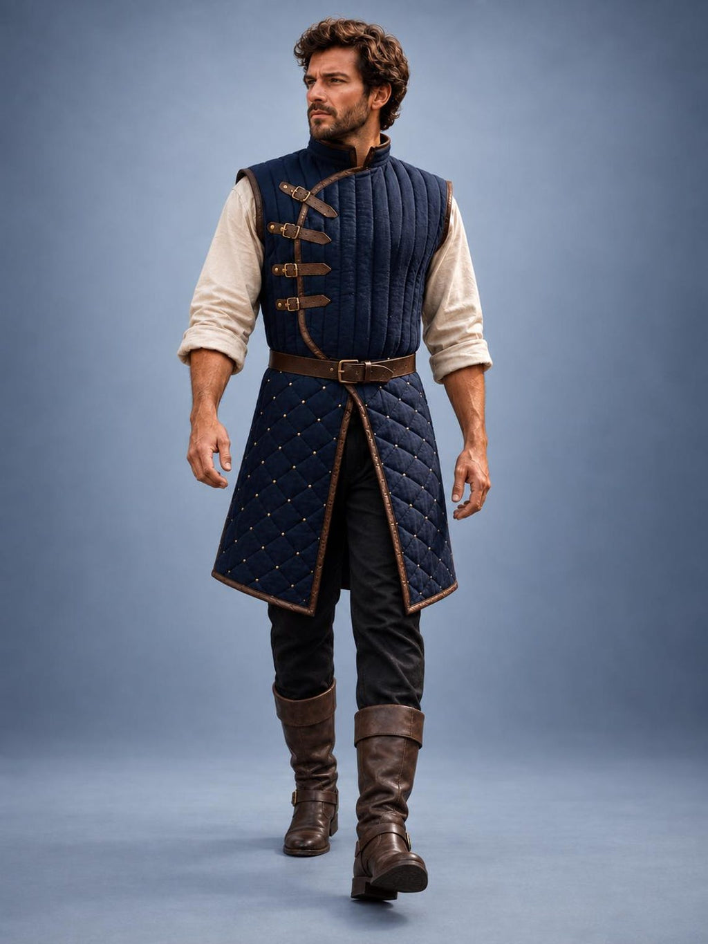 Men's Navy Quilted Gambeson, Medieval Warrior Tunic, LARP Reenactment Costume