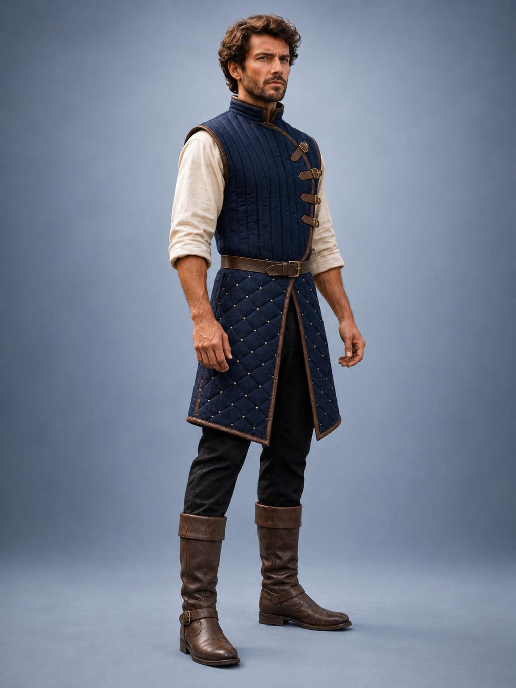 Men's Navy Quilted Gambeson, Medieval Warrior Tunic, LARP Reenactment Costume
