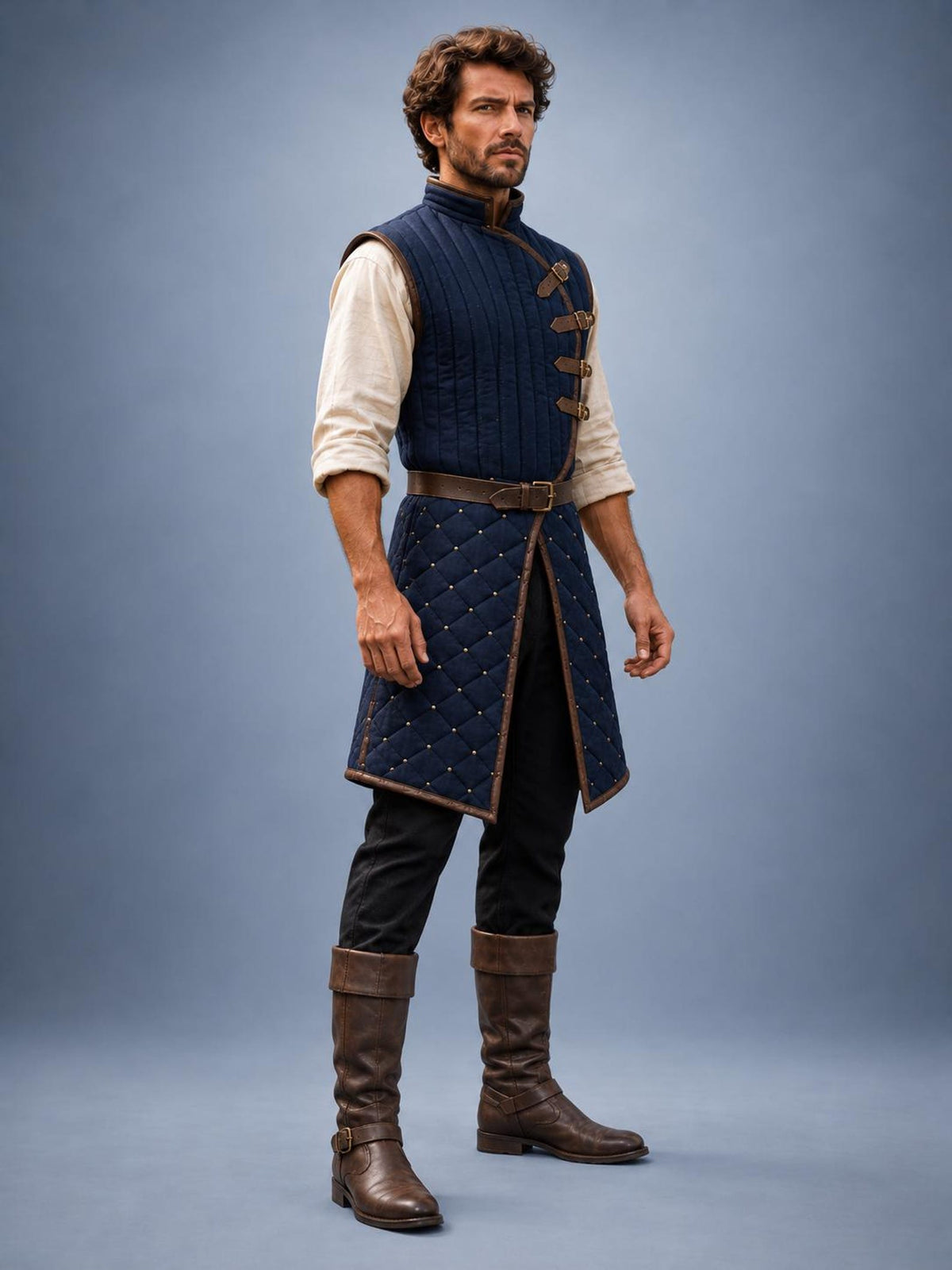 Men's Navy Quilted Gambeson, Medieval Warrior Tunic, LARP Reenactment Costume
