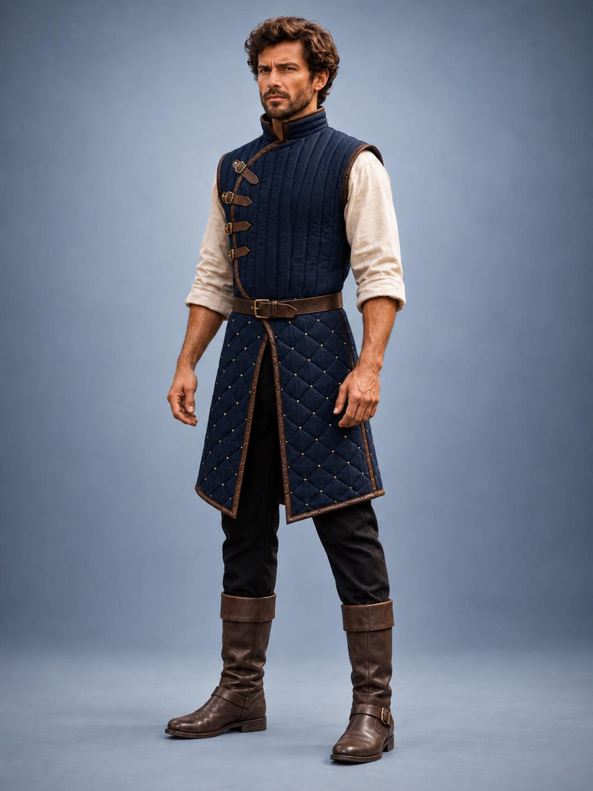 Men's Navy Quilted Gambeson, Medieval Warrior Tunic, LARP Reenactment Costume