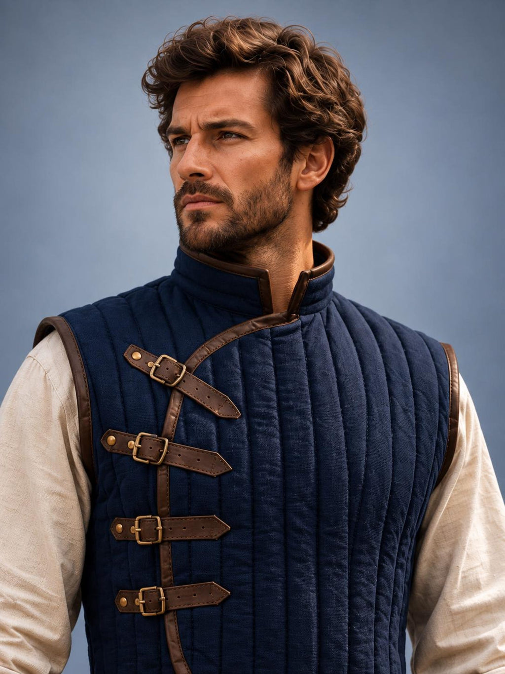Men's Navy Quilted Gambeson, Medieval Warrior Tunic, LARP Reenactment Costume