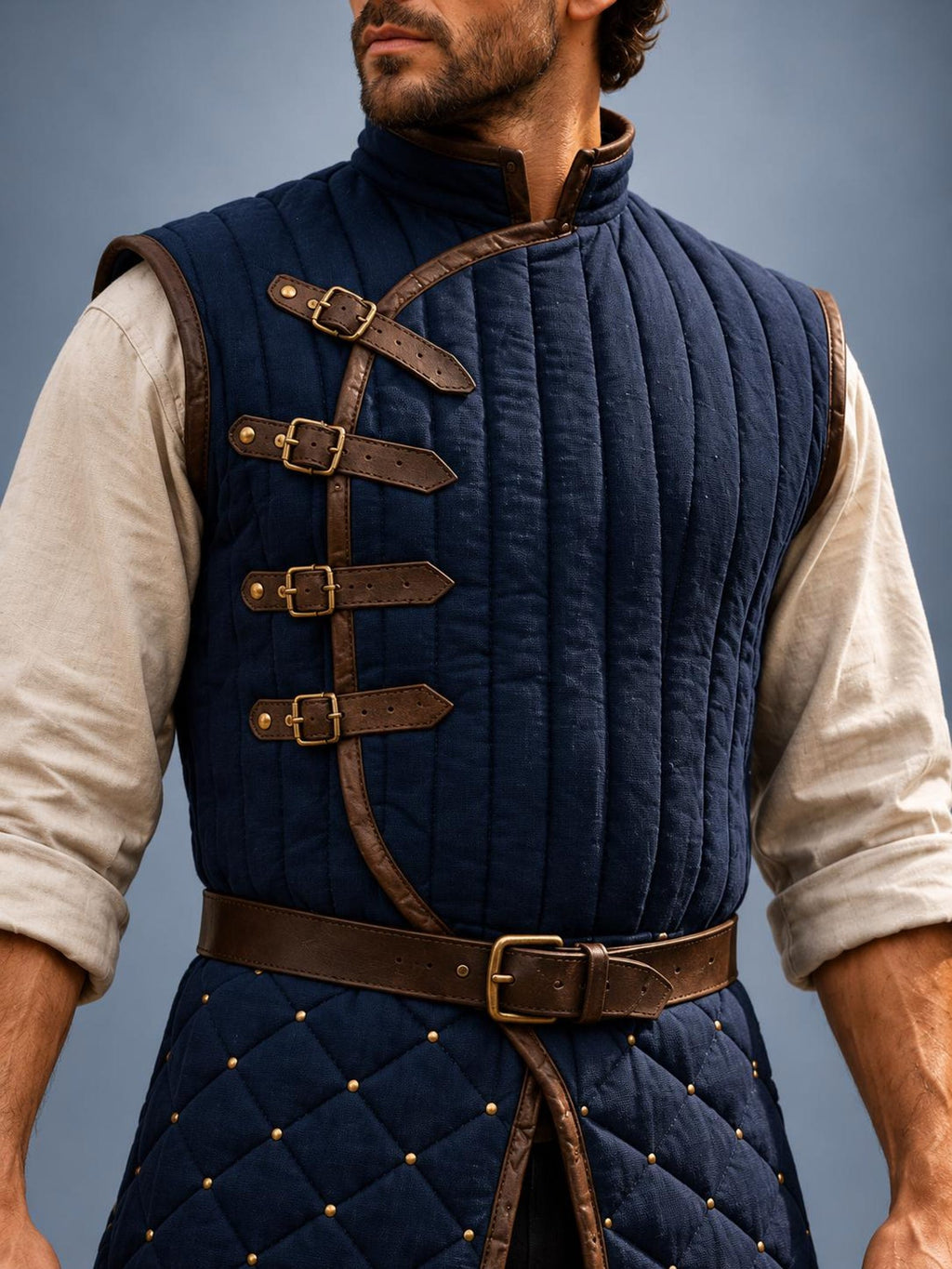 Men's Navy Quilted Gambeson, Medieval Warrior Tunic, LARP Reenactment Costume