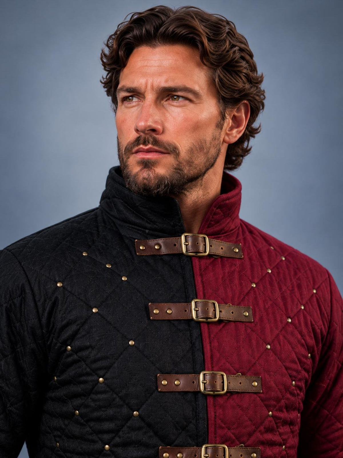 Men's Black Red Quilted Gambeson Coat, Medieval LARP Armor Jacket (Buckle Closures)