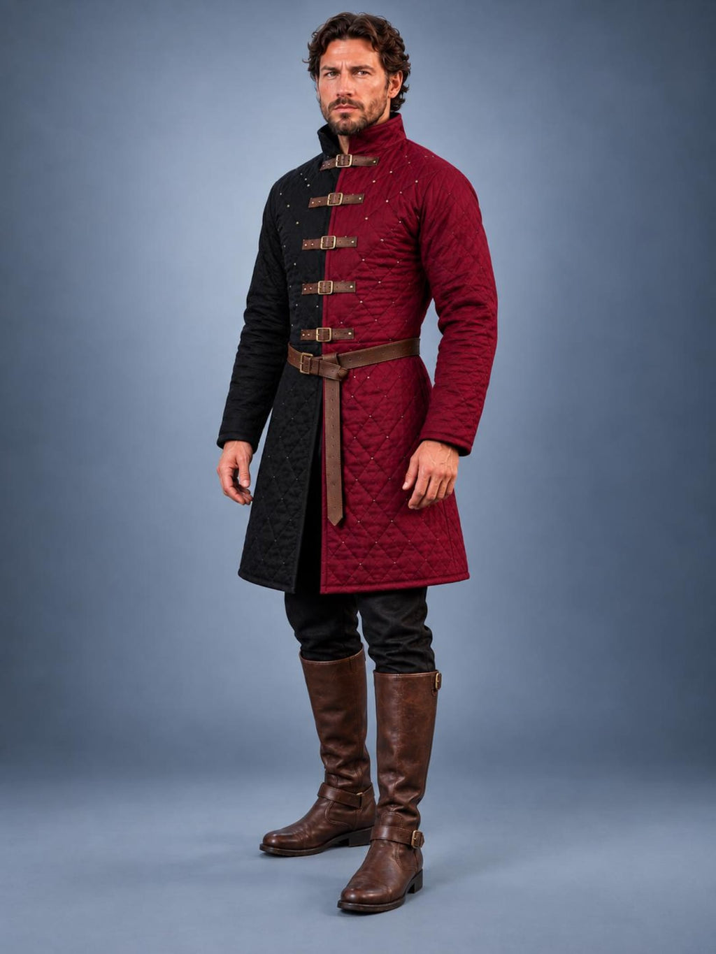 Men's Black Red Quilted Gambeson Coat, Medieval LARP Armor Jacket (Buckle Closures)