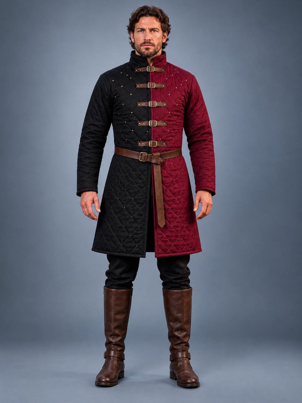 Men's Black Red Quilted Gambeson Coat, Medieval LARP Armor Jacket (Buckle Closures)
