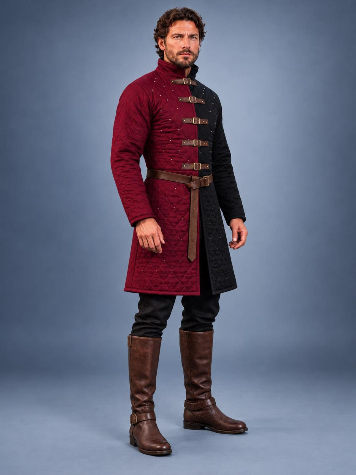 Men's Black Red Quilted Gambeson Coat, Medieval LARP Armor Jacket (Buckle Closures)