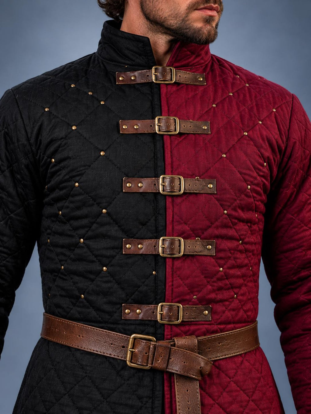 Men's Black Red Quilted Gambeson Coat, Medieval LARP Armor Jacket (Buckle Closures)