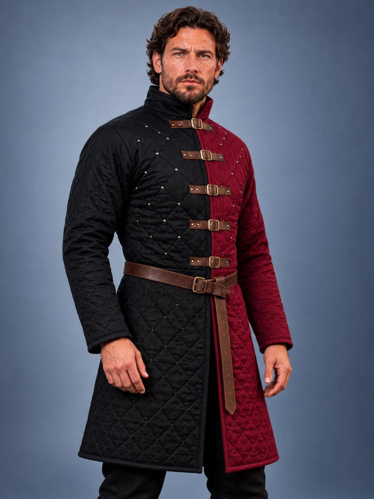 Men's Black Red Quilted Gambeson Coat, Medieval LARP Armor Jacket (Buckle Closures)
