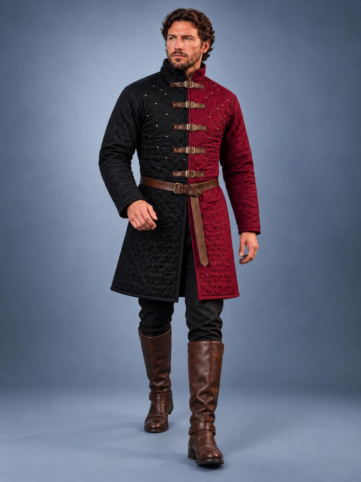 Men's Black Red Quilted Gambeson Coat, Medieval LARP Armor Jacket (Buckle Closures)