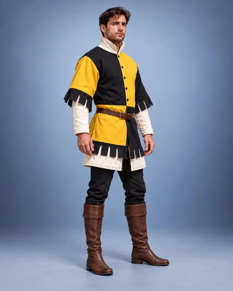 Men's Medieval Gambeson Tunic, Yellow Black Padded Armor, LARP Knight Costume, Renaissance Warrior Outfit