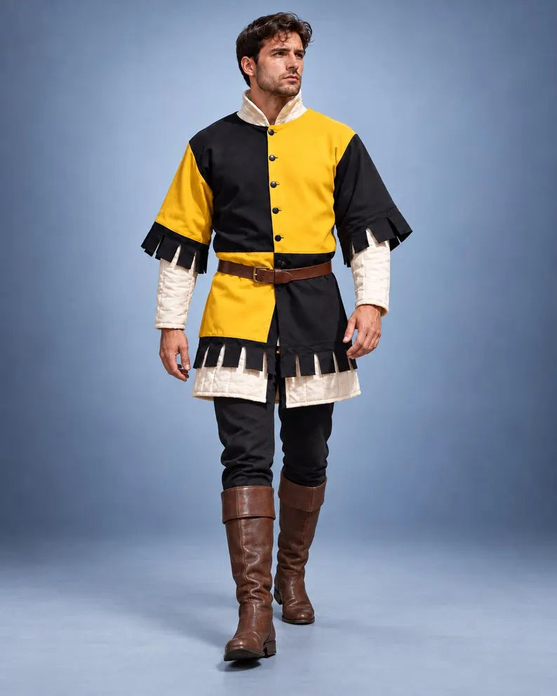 Men's Medieval Gambeson Tunic, Yellow Black Padded Armor, LARP Knight Costume, Renaissance Warrior Outfit