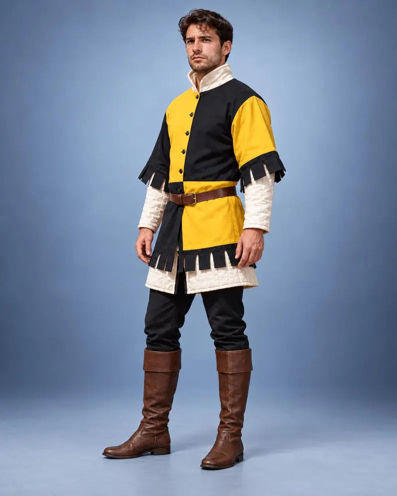 Men's Medieval Gambeson Tunic, Yellow Black Padded Armor, LARP Knight Costume, Renaissance Warrior Outfit