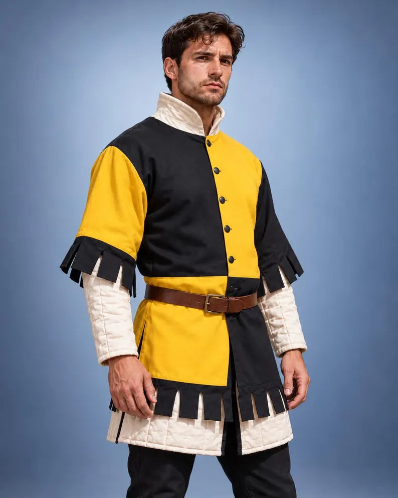 Men's Medieval Gambeson Tunic, Yellow Black Padded Armor, LARP Knight Costume, Renaissance Warrior Outfit