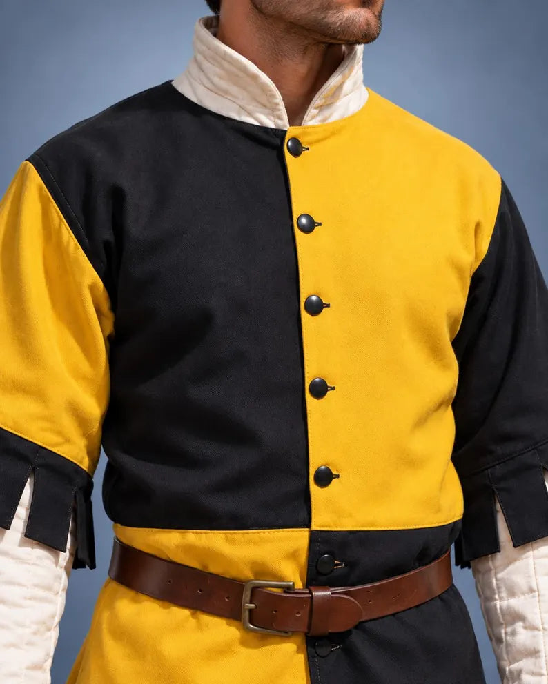 Men's Medieval Gambeson Tunic, Yellow Black Padded Armor, LARP Knight Costume, Renaissance Warrior Outfit