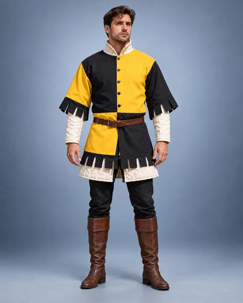 Men's Medieval Gambeson Tunic, Yellow Black Padded Armor, LARP Knight Costume, Renaissance Warrior Outfit