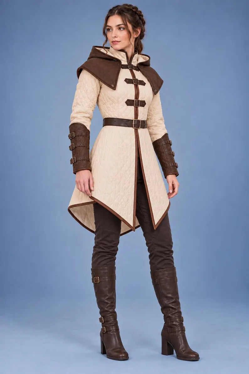 Women’s Medieval Gambeson Coat, Hooded Quilted LARP Armor, Renaissance Warrior Jacket, Fantasy Reenactment Costume