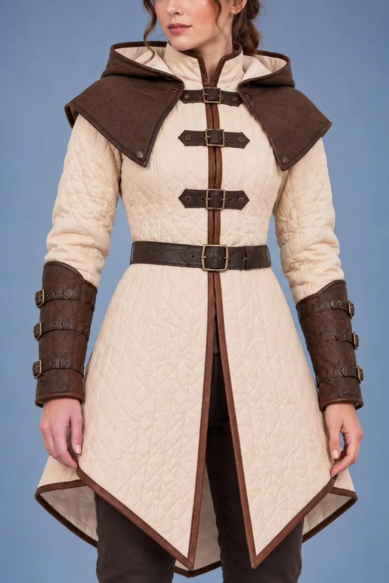 Women’s Medieval Gambeson Coat, Hooded Quilted LARP Armor, Renaissance Warrior Jacket, Fantasy Reenactment Costume