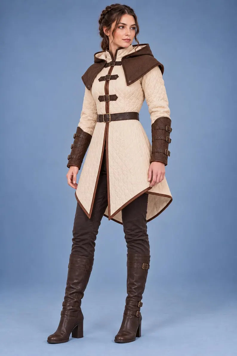 Women’s Medieval Gambeson Coat, Hooded Quilted LARP Armor, Renaissance Warrior Jacket, Fantasy Reenactment Costume