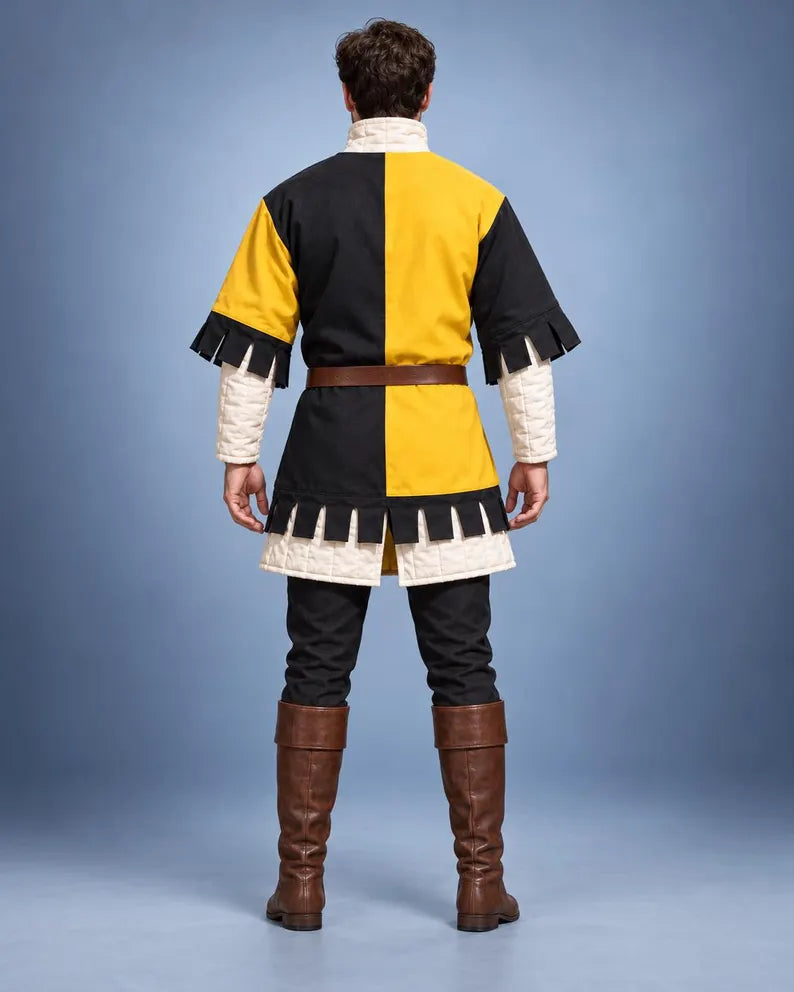 Men's Medieval Gambeson Tunic, Yellow Black Padded Armor, LARP Knight Costume, Renaissance Warrior Outfit