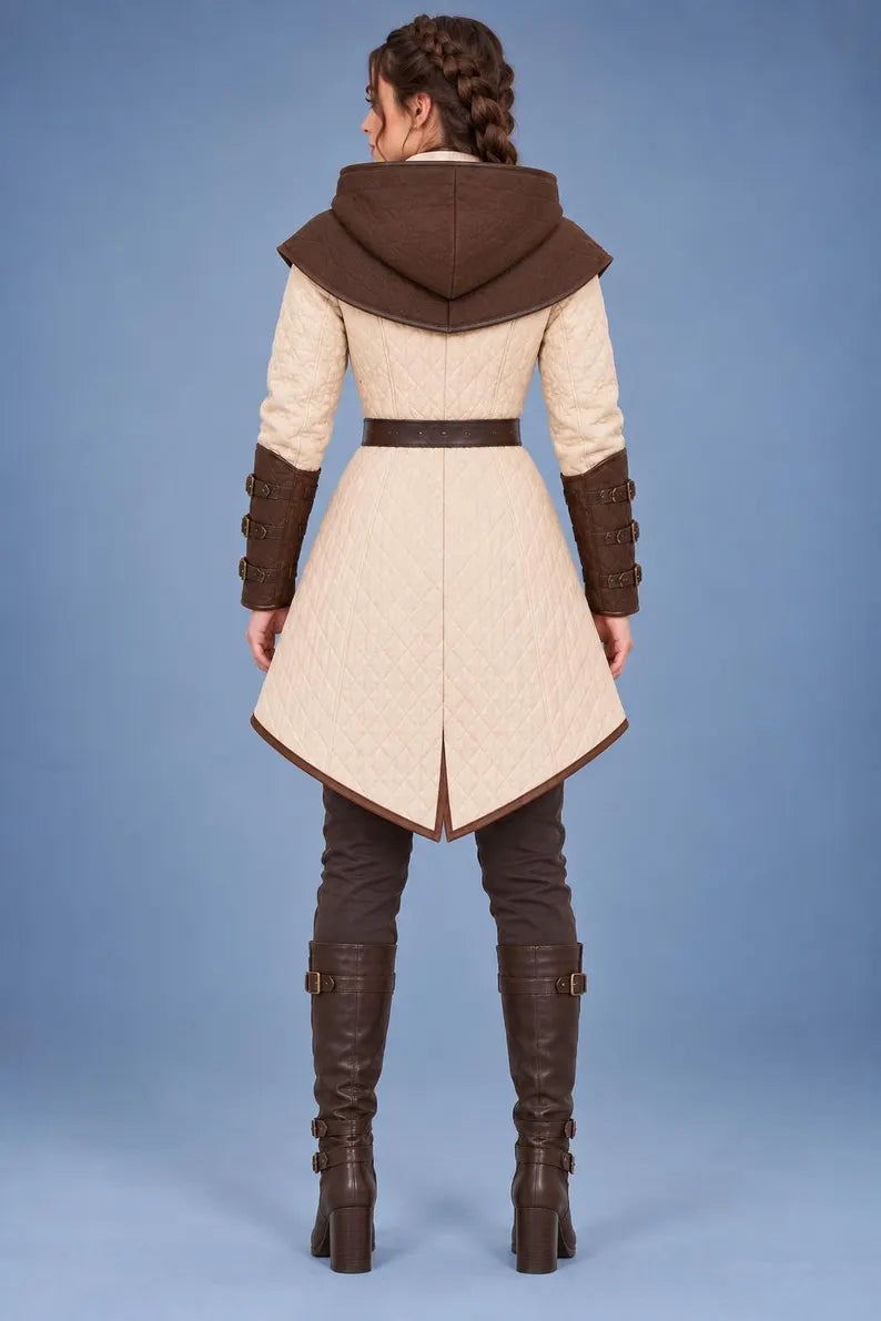 Women’s Medieval Gambeson Coat, Hooded Quilted LARP Armor, Renaissance Warrior Jacket, Fantasy Reenactment Costume
