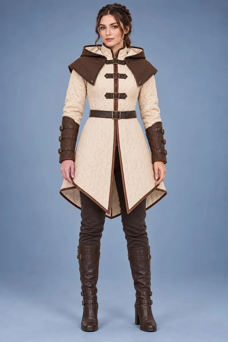 Women’s Medieval Gambeson Coat, Hooded Quilted LARP Armor, Renaissance Warrior Jacket, Fantasy Reenactment Costume